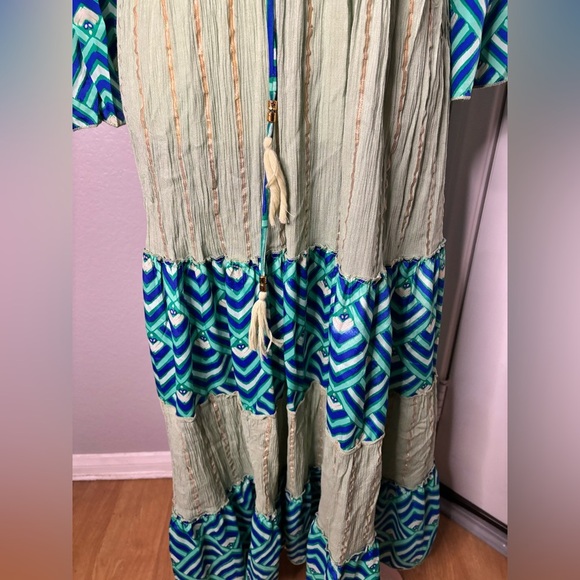 Handmade in Bali | sz m | boho Blue/Green Tiered Maxi Sundress with Bell Sleeves - Picture 4 of 6